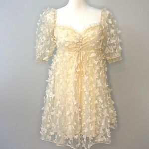 Mable Butterfly Appliqué Tulle‎ Mini Dress Cream Yellow Sz S Babydoll Fairycore
